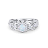 Filigree Engagement Ring Round Lab Created White Opal 925 Sterling Silver