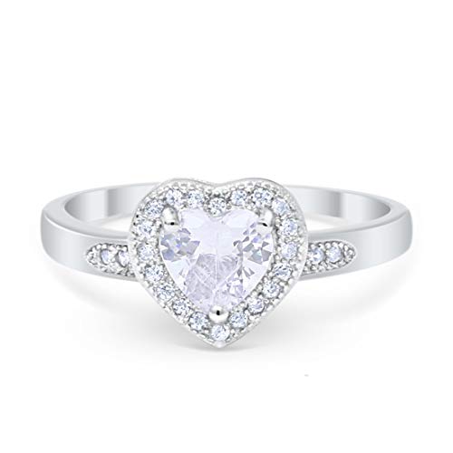Halo Heart Promise Ring Round Simulated Cubic Zirconia 925 Sterling Silver