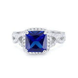 Halo Cushion Cut Wedding Bridal Ring Round Simulated Blue Sapphire CZ 925 Sterling Silver