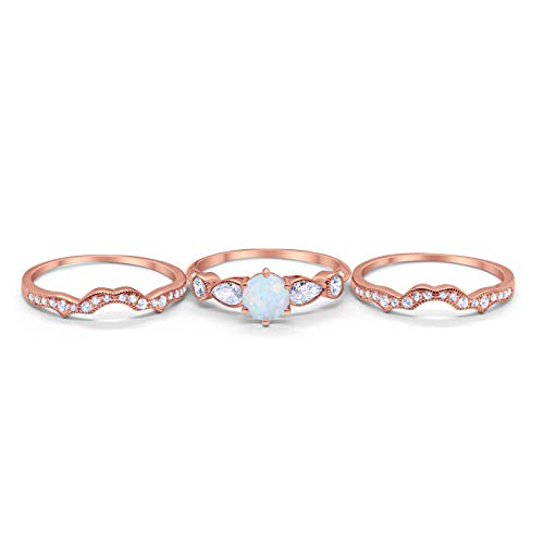 Three Piece Bridal Wedding Promise Ring Rose Tone, Lab White Opal 925 Sterling Silver