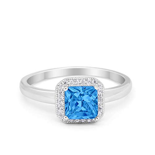 Halo Engagement Ring Princess Cut Simulated Blue Topaz CZ 925 Sterling Silver
