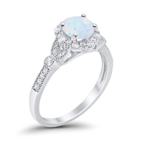 Floral Art Deco Engagement Ring Lab White Opal 925 Sterling Silver