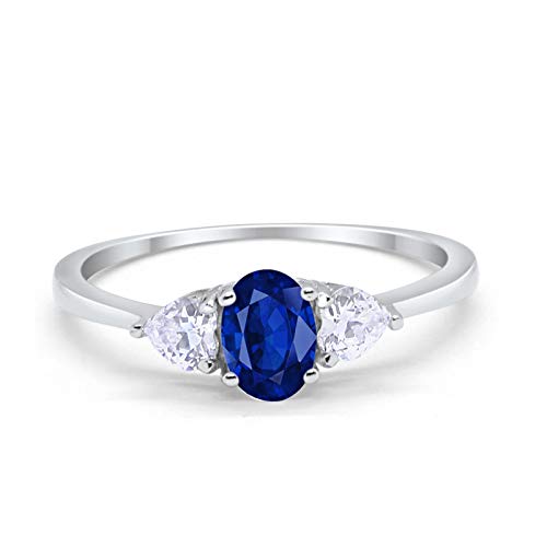 3-Stone Fashion Promise Ring Oval Simulated Blue Sapphire Cubic Zirconia 925 Sterling Silver