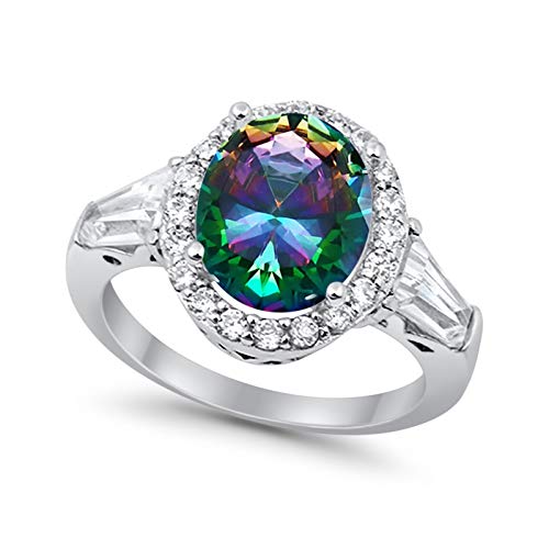 Halo Fashion Ring Baguette Simulated Rainbow CZ 925 Sterling Silver