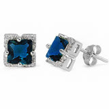 Halo Stud Earrings Princess Cut Simulated Blue Sapphire CZ 925 Sterling Silver