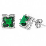 Halo Stud Earrings Princess Cut Simulated Green Emerald CZ 925 Sterling Silver