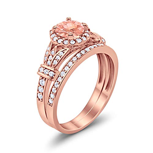 Two Piece Wedding Promise Ring Rose Tone, Simulated Morganite CZ 925 Sterling Silver
