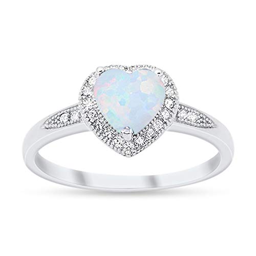 Halo Heart Promise Ring Round Lab Created White Opal 925 Sterling Silver