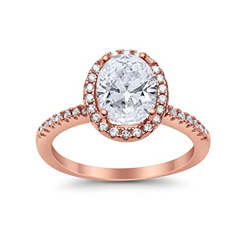 Accent Halo Wedding Ring Oval Rose Tone, Simulated CZ 925 Sterling Silver