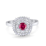 Halo Engagement Ring Baguette Simulated Ruby CZ 925 Sterling Silver