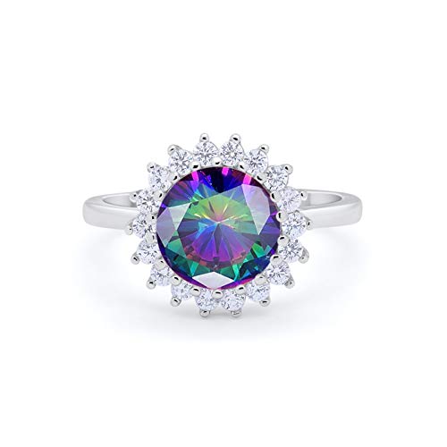 Halo Floral Wedding Ring Simulated Rainbow CZ 925 Sterling Silver