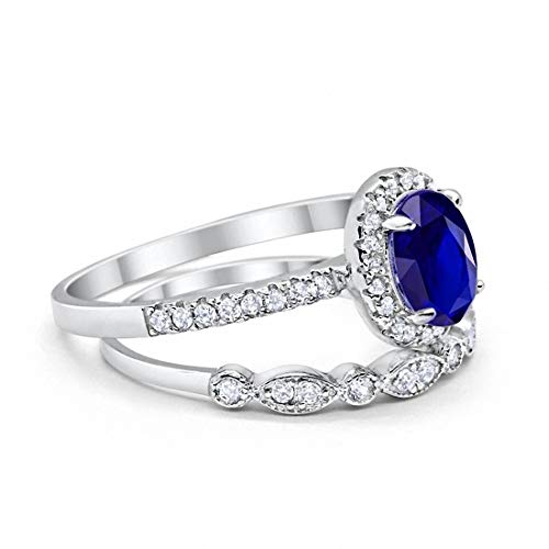 2-Piece Art Deco Wedding Bridal Ring Oval Simulated Blue Sapphire CZ 925 Sterling Silver