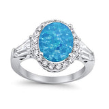 Halo Fashion Ring Baguette Lab Created Blue Opal 925 Sterling Silver