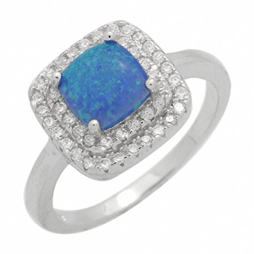 Double Halo Engagement Ring Princess Lab Created Blue Opal 925 Sterling Silver