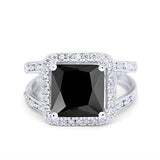 Halo Split Shank Engagement Ring Simulated Black CZ 925 Sterling Silver
