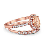 2-Piece Art Deco Wedding Bridal Ring Oval Rose Tone, Simulated Morganite CZ 925 Sterling Silver
