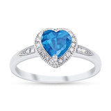 Halo Heart Promise Ring Round Simulated Blue Topaz CZ 925 Sterling Silver