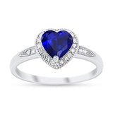 Halo Heart Promise Ring Round Simulated Blue Sapphire CZ 925 Sterling Silver