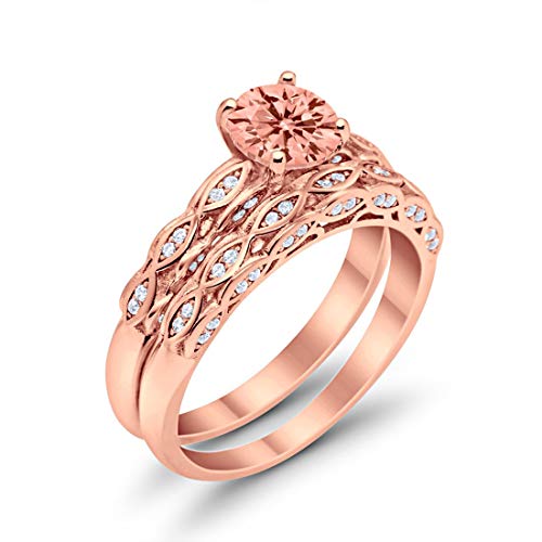 Two Piece Engagement Bridal Ring Rose Tone, Simulated Morganite CZ 925 Sterling Silver