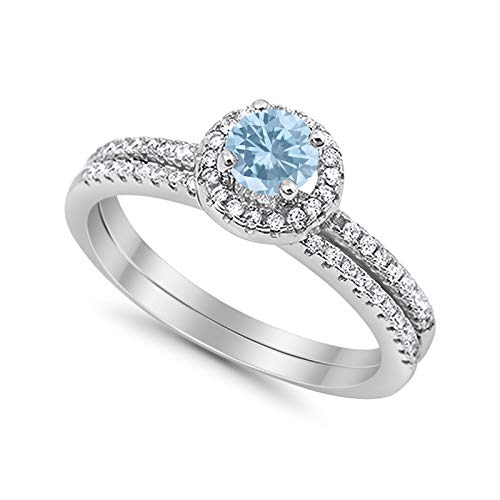 Accent Dazzling Round Simulated Aquamarine Cubic Zirconia 925 Sterling Silver Wedding Ring
