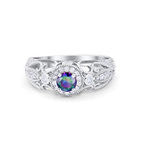 Filigree Engagement Ring Round Simulated Rainbow CZ 925 Sterling Silver