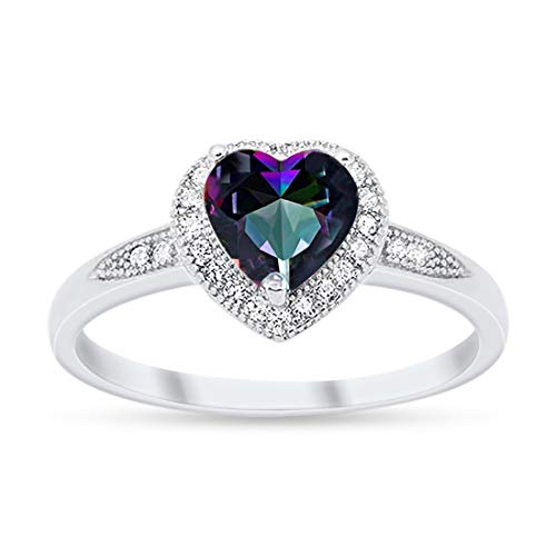 Halo Heart Promise Ring Round Simulated Rainbow CZ 925 Sterling Silver
