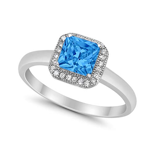 Halo Engagement Ring Princess Cut Simulated Blue Topaz CZ 925 Sterling Silver
