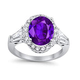 Halo Fashion Ring Baguette Simulated Amethyst CZ 925 Sterling Silver