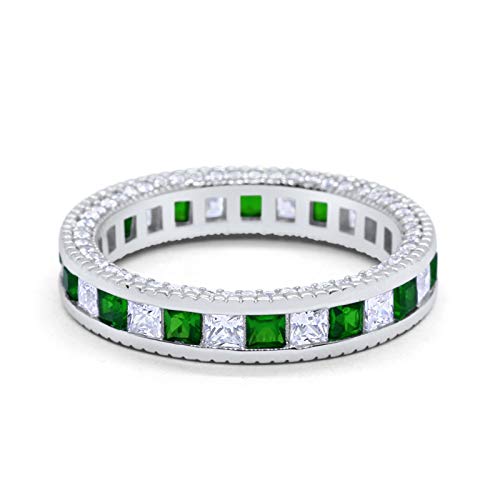 Eternity Ring Alternating Round Simulated Green Emerald CZ Solid 925 Sterling Silver