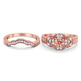 Two Piece Wedding Art Deco Rose Tone, Simulated Morganite CZ 925 Sterling Silver