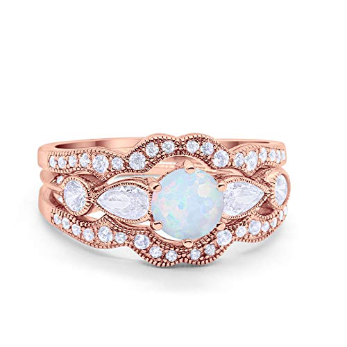 Three Piece Bridal Wedding Promise Ring Rose Tone, Lab White Opal 925 Sterling Silver