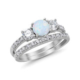 3-Stone Wedding Bridal Piece Ring Round Lab Created White Opal 925 Sterling Silver