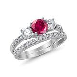 3-Stone Wedding Bridal Piece Ring Round Simulated Ruby CZ 925 Sterling Silver