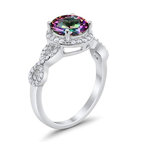 Halo Infinity Wedding Ring Round Simulated Rainbow CZ Solid 925 Sterling Silver