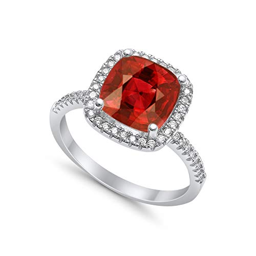 Halo Engagement Ring Accent Cushion Simulated Garnet CZ 925 Sterling Silver