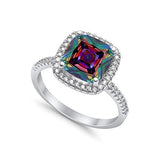 Halo Cushion Engagement Ring Simulated Rainbow CZ  925 Sterling Silver