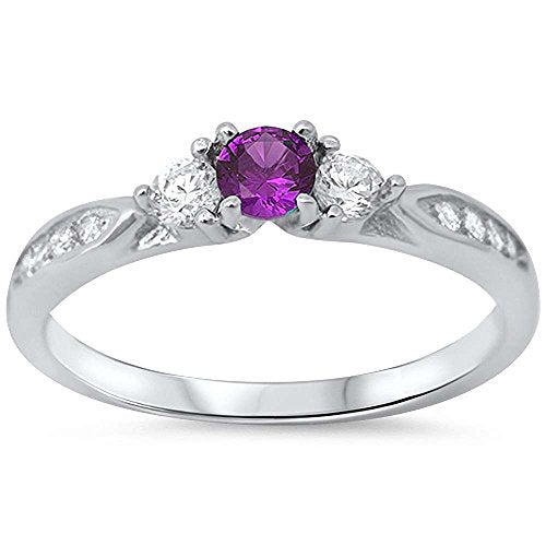 3-Stone Engagement Promise Ring Simulated Amethyst CZ 925 Sterling Silver