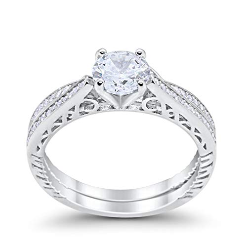 Filigree Two Piece Wedding Ring Round Simulated Cubic Zirconia 925 Sterling Silver