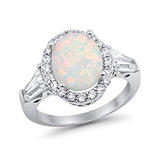 Halo Fashion Ring Baguette Lab Created White Opal 925 Sterling Silver