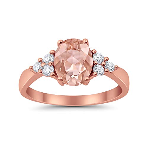 Solitaire Oval Three Stone Rose Tone, Simulated Morganite CZ 925 Sterling Silver