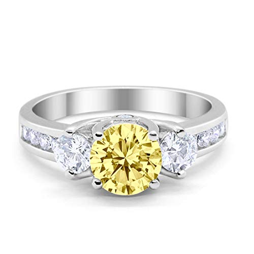 Three Stone Wedding Ring Round Simulated Yellow Cubic Zirconia 925 Sterling Silver