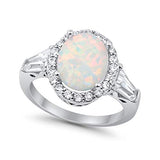 Halo Fashion Ring Baguette Lab Created White Opal 925 Sterling Silver