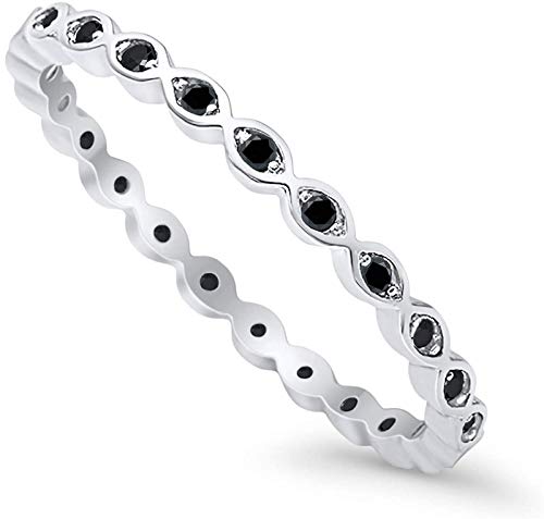 Full Eternity Stackable Band Ring Simulated Black CZ 925 Sterling Silver