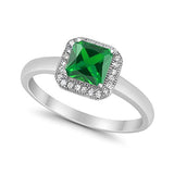 Halo Elegant 925 Sterling Silver Princess Cut  Simulated Green Emerald CZ Ring