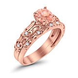 Art Deco Two Piece Wedding Ring Rose Tone, Simulated Morganite CZ 925 Sterling Silver