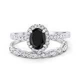 2-Piece Art Deco Wedding Bridal Ring Oval Simulated Black CZ 925 Sterling Silver
