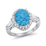 Halo Fashion Ring Baguette Lab Created Blue Opal 925 Sterling Silver