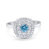 Halo Engagement Ring Baguette Simulated Aquamarine CZ 925 Sterling Silver
