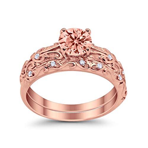 Art Deco Two Piece Wedding Ring Rose Tone, Simulated Morganite CZ 925 Sterling Silver