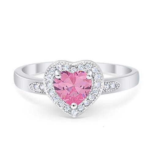 Halo Heart Promise Ring Round Simulated Pink CZ 925 Sterling Silver